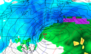 Some forecast models, such as last night's run of the American GFS computer forecast model suggests a snowstorm in portions of the eastern U.S. around March 18. Subsequent runs by this model and other forecast models offer different possible scenarios of where a snow/rain line could set-up. Image: tropicaltidbits.com