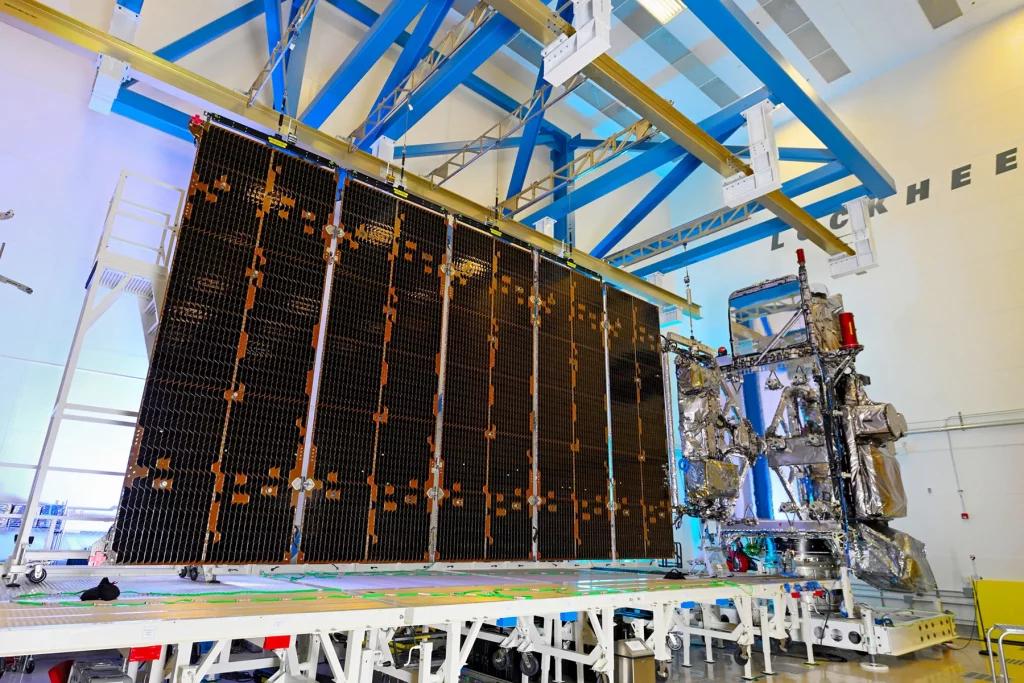 The GOES-T satellite is pictured here in a clean room on Earth well before it headed to space on March 1. Image: Lockheed Martin