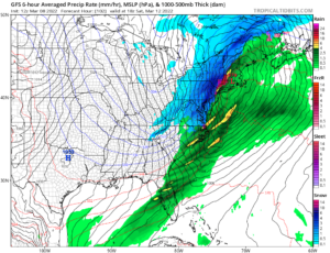 Latest American GFS shows a winter storm on the surface map in the Eastern U.S. this coming weekend. Image: tropicaltidbits.com