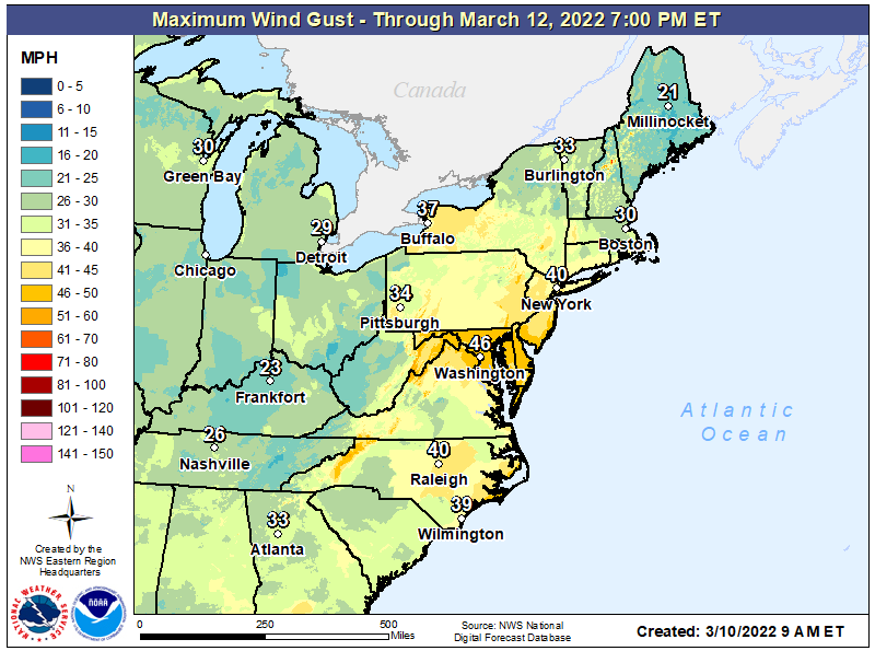 Strong winds are expected with this storm system as the pressure rapidly drops; winds could gust to or over 40 mph across portions of the eastern U.S. Friday and Saturday. Image: NWS
