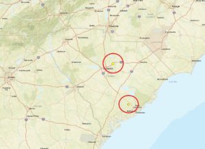 This map shows the location of the epicenter for the last two earthquakes to shake South Carolina. Image: USGS