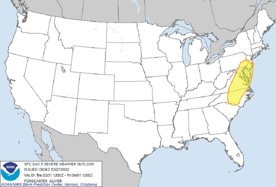 A severe weather outbreak could unfold within the yellow zone in the eastern United States on Thursday. Image: NOAA SPC
