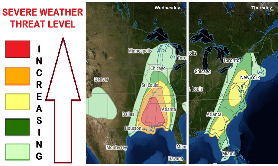 The latest Storm Prediction Center's Convective Outlook paints a serious picture over parts of the eastern U.S.: severe weather is likely both today and tomorrow in the shaded areas. Image: weatherboy.com