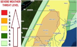 The latest Convective Outlook update from the Storm Prediction Center suggests the highest severe weather threat over portions of Pennsylvania, New Jersey, Maryland, and Virginia this evening. Image: weatherboy.com