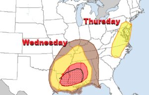 On Wednesday, the greatest risk zone for severe weather is within the black circle. The red circle shows an area likely to see severe storms while the yellow and brown areas could see severe weather too. On Thursday, the yellow shaded area reflects where the Storm Prediction Center believes severe weather is possible then. Image: NWS SPC