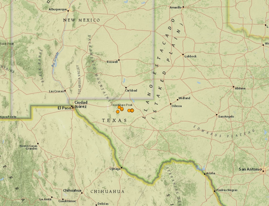 Each orange dot reflects the epicenter of an earthquake that shook west Texas this weekend. Image: USGS
