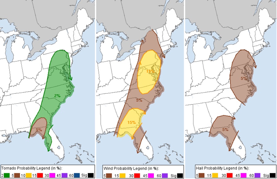 Elevated risks of tornadoes, destructive wind gusts, and large, damaging hail will come with Thursday's storms in portions of the east. Image: NWS