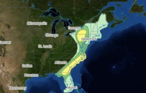 Severe weather is likely in the east tomorrow. While thunderstorms are possible in the light green area, severe thunderstorms are possible in the dark green and yellow areas with the greatest chance in the yellow zones. Image: weatherboy.com