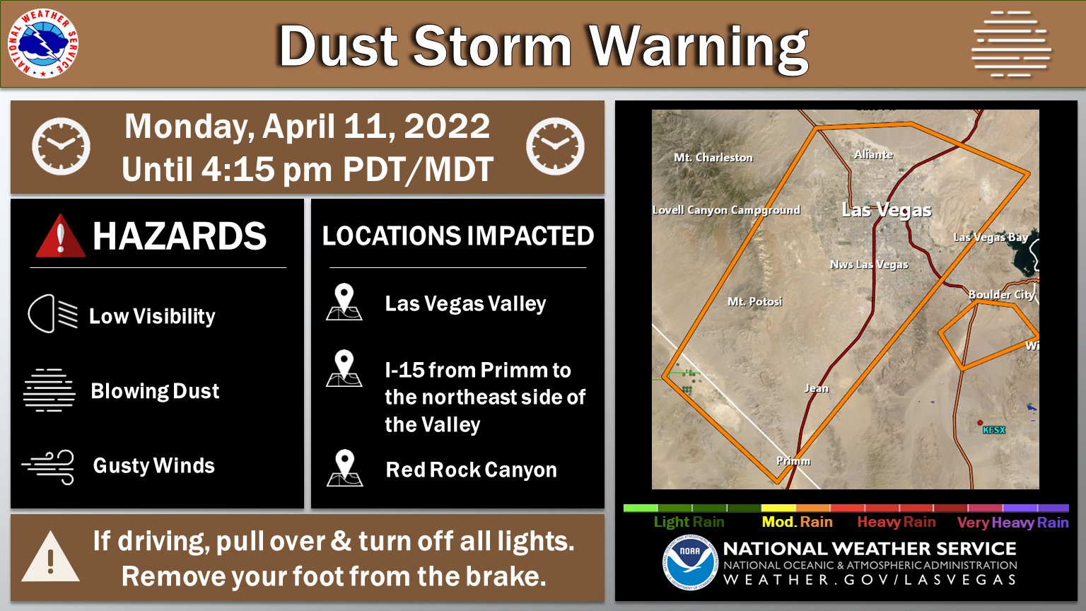 The Dust Storm Warning area includes I-15 and Las Vegas.  Image: NWS