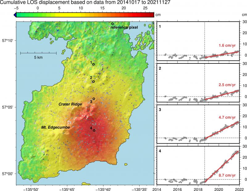 Analysis by the Alaska Volcano Observatory shows a portion of the Edgecumbe stratovolcano swelling in recent years. Image: AVO