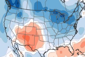 The latest experimental North American Ensemble Forecast System 8 to 14 Day Temperature Guidance shows much of the country should see below-normal temperatures as we head into May. Image: NOAA CPC