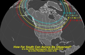 This illustration provides a rough guide to where the northern lights (aurora) may appear based on the Kp index;  the higher that number, the more the southern aurora appears.  Image: NOAA SWPC