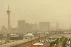 A serious dust storm is impacting Las Vegas and surrounding areas this afternoon; people should stop any travel and seek shelter inside until the storm passes. Image: Clark County Nevada
