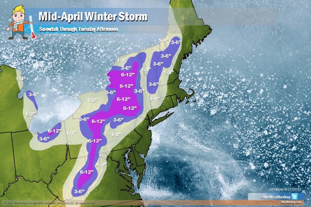 Up to a foot of snow is expected in the northeast over the next 36 hours, prompting the issuance of Winter Storm Watches. Image: Weatherboy