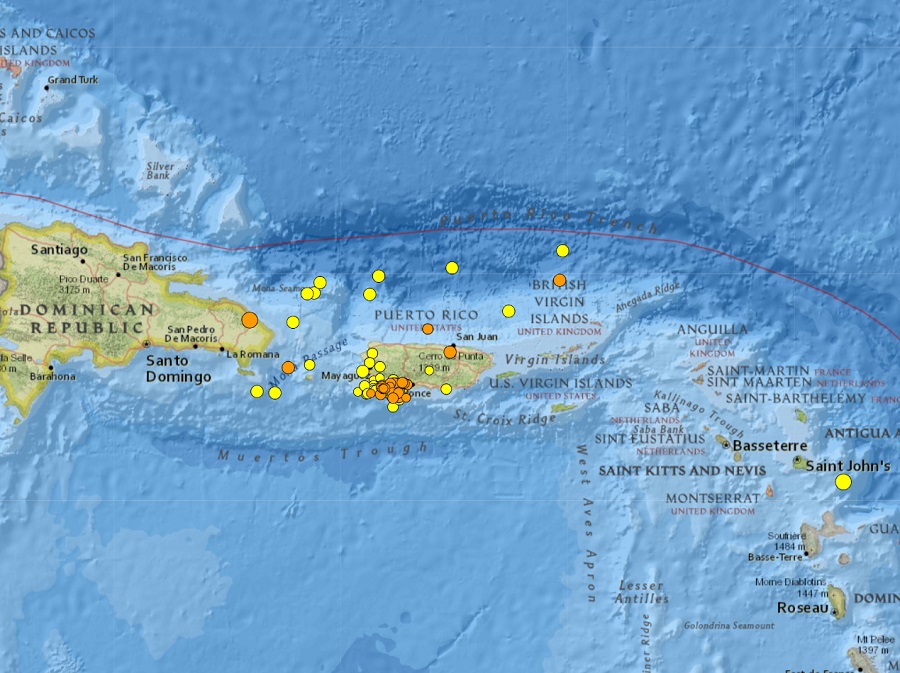 Each dot reflects the epicenter of an earthquake USGS measured around Puerto Rico, with yellow dots reflecting the older earthquakes and orange dots reflecting the latest ones. Image: USGS