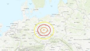 Unusual: an earthquake rocked Poland in central Europe today. Image: USGS
