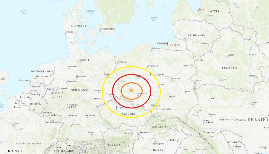 Unusual: an earthquake rocked Poland in central Europe today.  Image: USGS