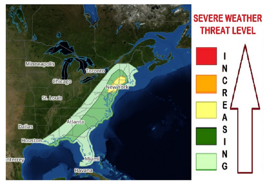 Severe storms will be possible across the eastern United States tomorrow, with the greatest threat in the yellow zone. Image: weatherboy.com