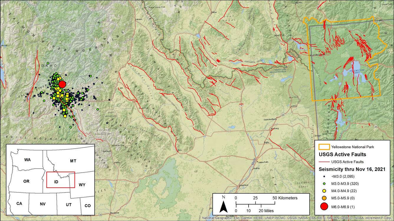 Regional map of southeastern Idaho showing the relative location of Yellowstone National Park and the Stanley earthquake aftershocks. Yellowstone National Park (outlined in yellow) is at least 275 km away from the strong 2020 Stanley earthquake. Several active faults (in red) are located between the Stanley earthquake and Yellowstone Caldera. Image: USGS