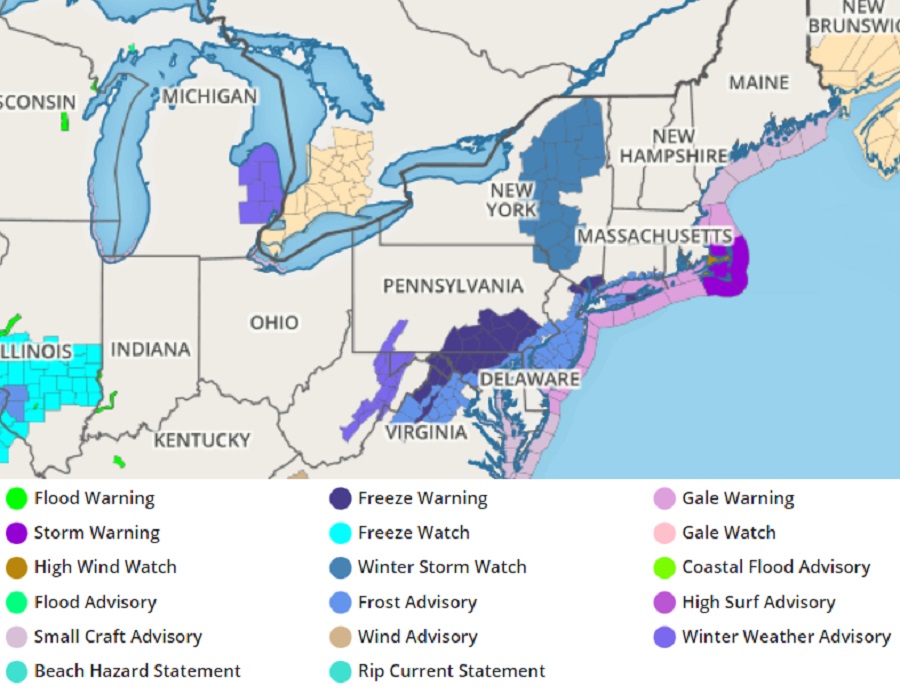 Even though it's mid April, there are lots of winter weather related advisories, watches, and warnings in effect for portions of the Mid Atlantic and Northeast. Image: weatherboy.com