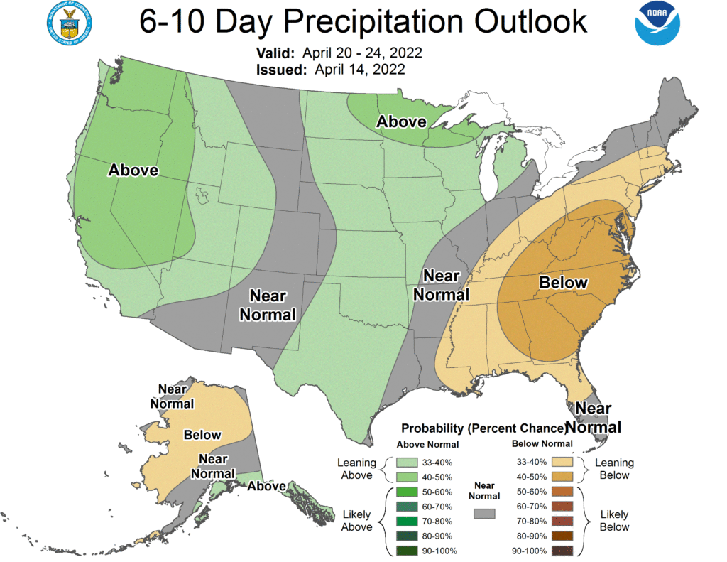 The precipitation outlook keeps the eastern U.S. and much of Alaska dry, while above normal precipitation is expected over the Upper Plains and the west coast from central California north. Image: NWS CPC