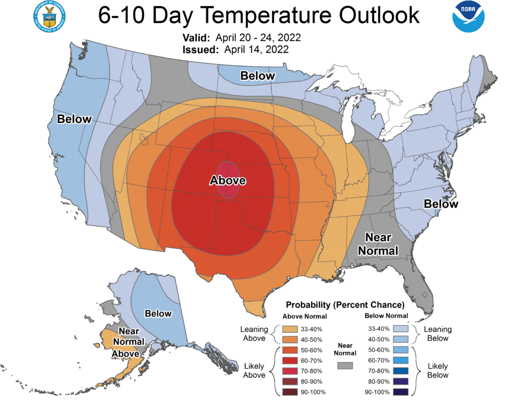 The temperature outlook shows conditions will be warmer than normal over the middle of the country, with below normal temperatures possible in portions of the west and east coasts. Image: NWS CPC