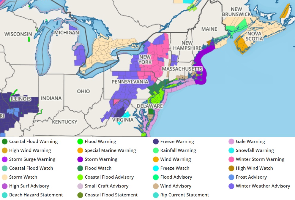The National Weather Service has issued a multitude of weather watches, warnings, and advisories due to the nor'easter. Image: weatherboy.com