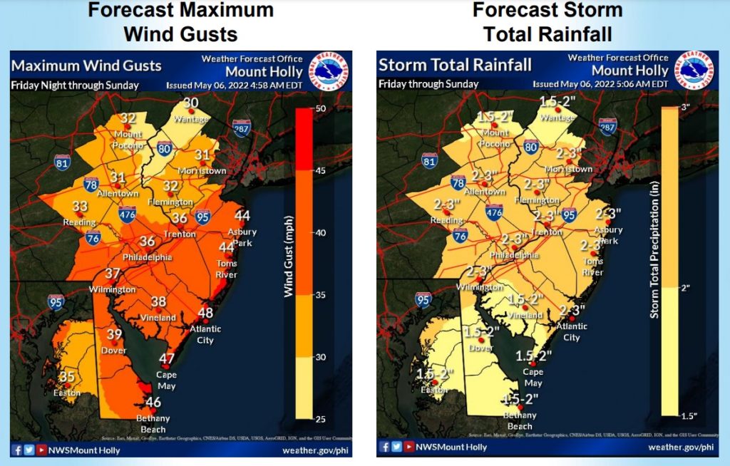 Strong winds and heavy rains will especially impact New Jersey and Delaware as this storm winds up along the coast. Image: NWS