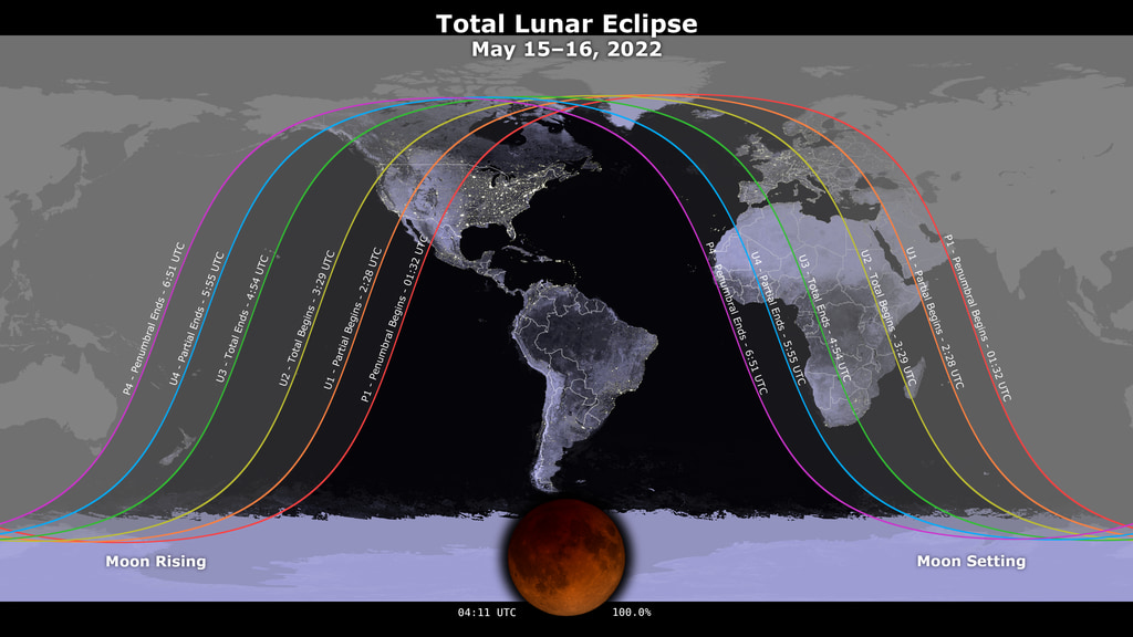 A map showing where the May 15-16, 2022 lunar eclipse is visible. Contours mark the edge of the visibility region at eclipse contact times. The map is centered on 63°52'W, the sublunar longitude at mid-eclipse. Image: NASA Goddard Space Flight Center/Scientific Visualization Studio