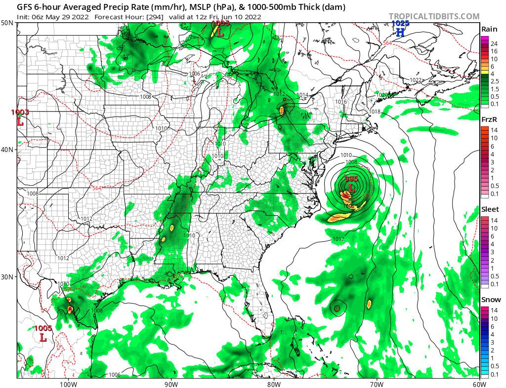 The latest American GFS forecast model suggests Agatha's remnants will reform into a tropical cyclone, with a new landfall along the U.S. East Coast at or around the Jersey Shore. Image: tropicaltidbits.com