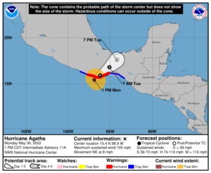 Latest track and warnings for Hurricane Agatha. Image: NHC
