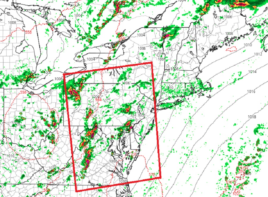 Forecast guidance, such as the latest high-resolution NAM computer forecast model, suggests strong thunderstorms with flooding rain potential will fire up within this red box on Friday. Image: tropicaltidbits.com