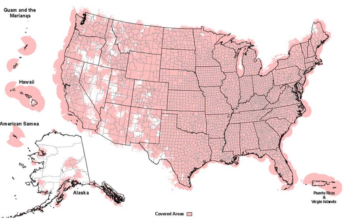 This map shows the extent of coverage of the existing NOAA Weather Radio Service.  Image: NOAA