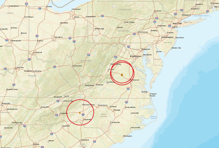 Three earthquakes have rattled portions of Virginia and North Carolina over the last 24 hours. Image: USGS