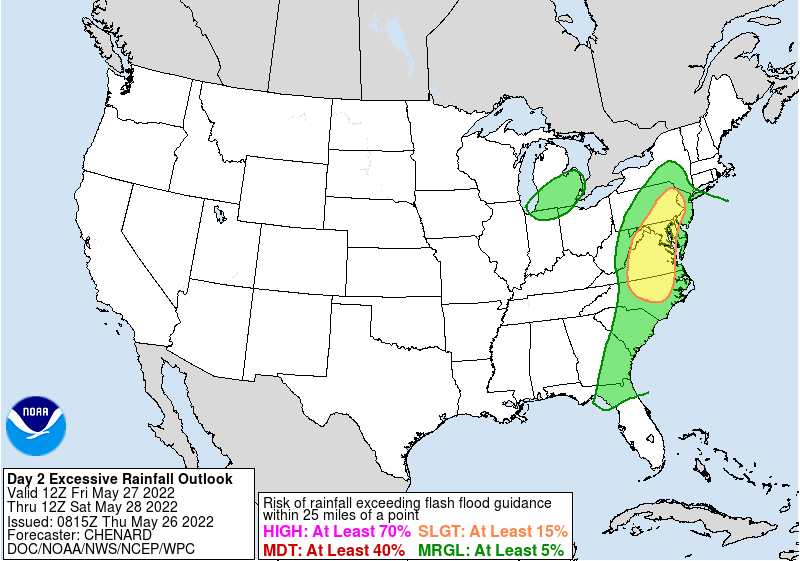 There is a threat of excessive rain which could lead to flood threats in the color shaded areas, with the yellow area at greater risk than the green area. Image: NWS/WPC