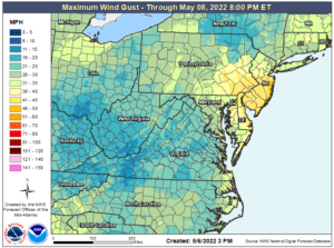 The strongest winds with this coastal storm will impact portions of the Jersey Shore and Delaware Beaches. Image: NWS
