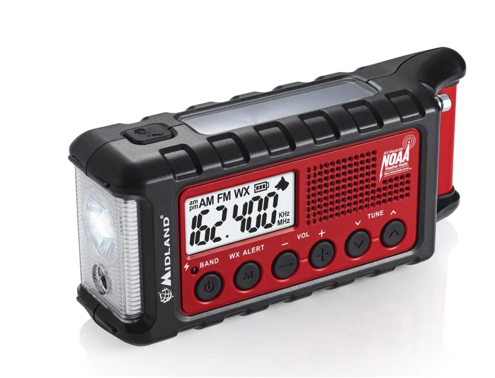 This radio manufactured by Midland is one of many special radios that can receive emergency alerts and weather forecasts from NOAA across the country. Image: Midland