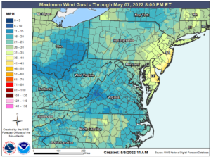 The strongest winds will be over eastern Pennsylvania, New Jersey, Delaware, and eastern Maryland, with the highest gusts at the shore. Image: NWS
