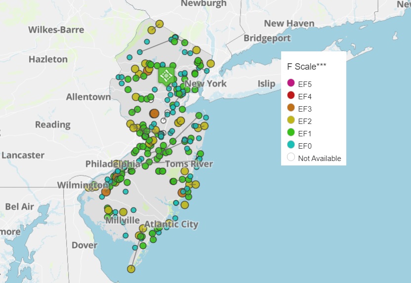 Since 1950, more than 180 tornadoes have touched-down across the Garden State. Image: NOAA