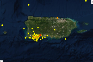 105 earthquakes rocked Puerto Rico in the last 7 days, including 5 that struck just today. Each dot reflects the epicenter of the earthquakes; the orange dots reflect recent quakes and the red dot reflects the most recent. Image: USGS