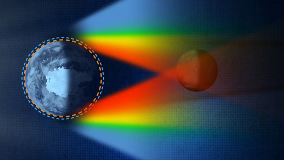 During a lunar eclipse, the Earth’s atmosphere scatters sunlight. The blue light from the Sun scatters away, and longer-wavelength red, orange, and yellow light pass through, turning our Moon red. While this illustration shows how the moon appears to turn red, it is not to scale. Image: NASA Goddard Space Flight Center/Scientific Visualization Studio