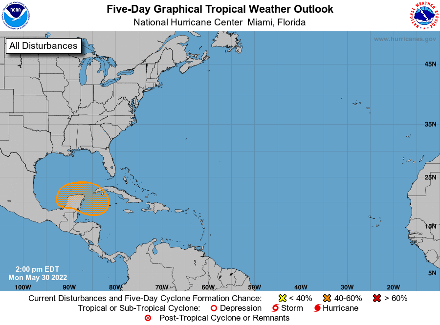 In the latest Tropical Outlook from the NHC, it appears Agatha's remnants could redevelop in the Atlantic Hurricane Basin once it crosses Mexico. Image: NHC