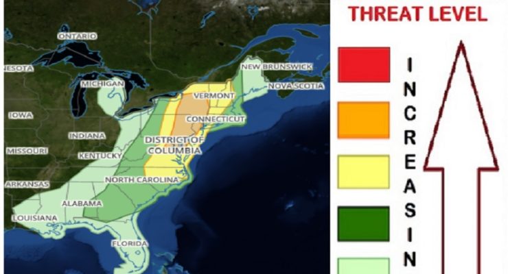 There is an enhanced threat of severe weather across portions of the Northeast and Mid Atlantic on Monday. Image: weatherboy.com