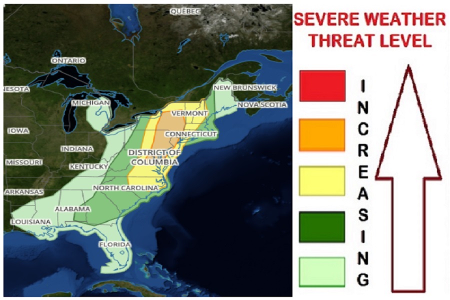 There is an enhanced threat of severe weather across portions of the Northeast and Mid Atlantic on Monday. Image: weatherboy.com