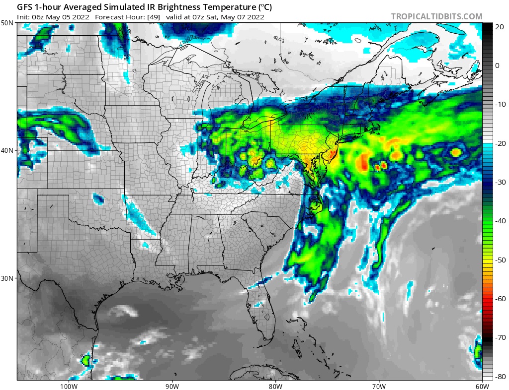 This simulated infrared satellite view based off of GFS computer model output shows an area of low pressure organizing along the east coast early Saturday morning. Image: tropicaltidbits.com