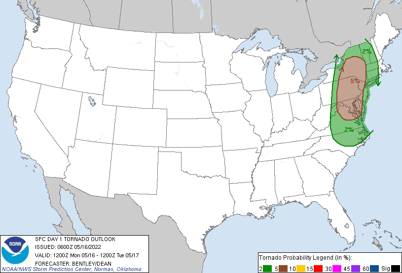 The greatest risk of tornadoes anywhere in the nation today is over portions of New York, New Jersey, Pennsylvania, Maryland, and Virginia. Image: NWS