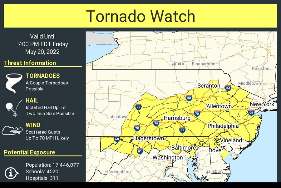 A Tornado Watch has been issued for the areas in yellow today through 7pm this evening. Image: NWS
