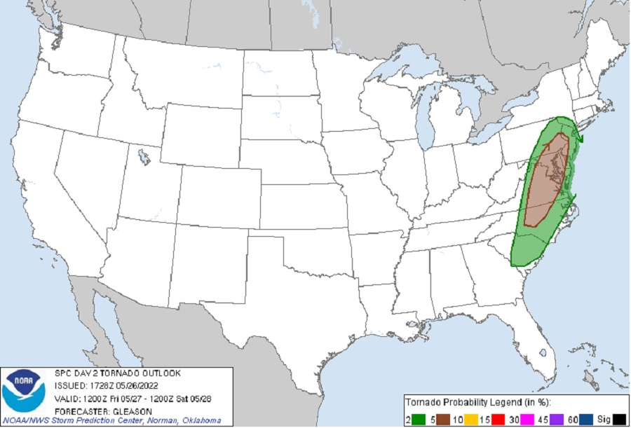 The shaded regions represent an area of elevated risk of tornadoes on Friday, with the brown area at greater risk than the green area. Image: NWS/SPC