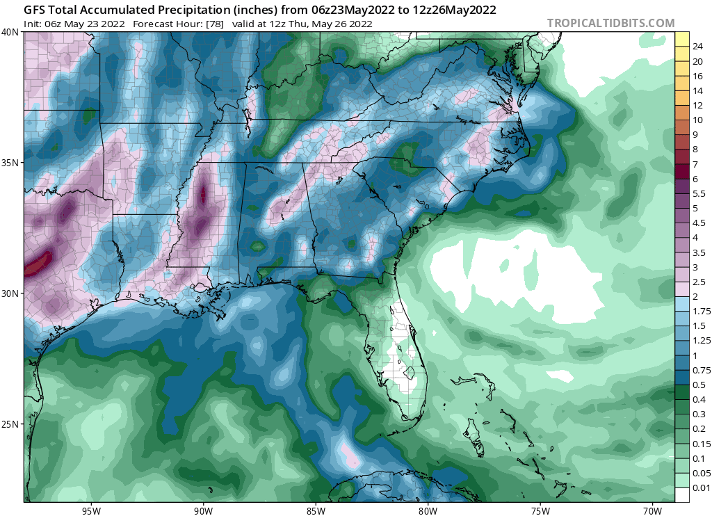 Soaking rains will fall from a tropical disturbance moving through the southeast over the next 2-3 days. This map reflects expected rain totals via the American GFS computer forecast model. Image: tropicaltidbits.com