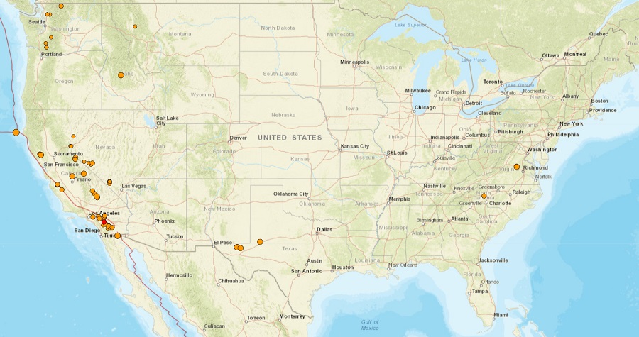 Overall, 82 earthquakes struck the United States over the last 24 hours, with most in California.  Image: USGS